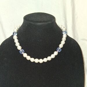 Elegant Pearl and Blue Bead Necklace